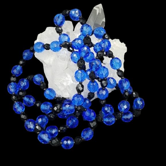 Art Deco Vintage Sapphire and Black Glass Flapper Necklace - Picture 2 of 8